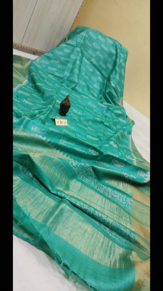 Blue Zari Block Printed Zari Border Pure Silk Mark Certified Tussar Silk Sarees - Dailybuyys