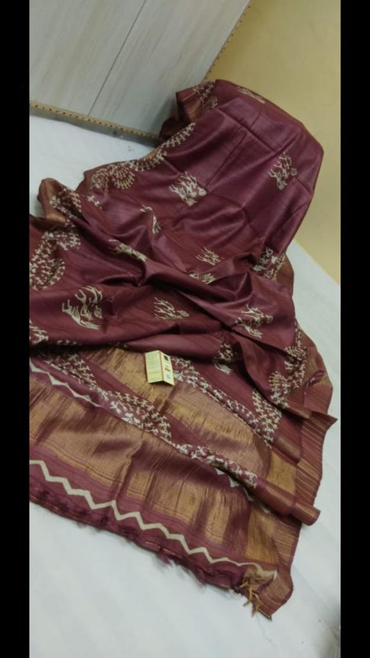 Maroon Zari Block Printed  Zari Border Pure Silk Mark Certified Tussar Silk Sarees - Dailybuyys