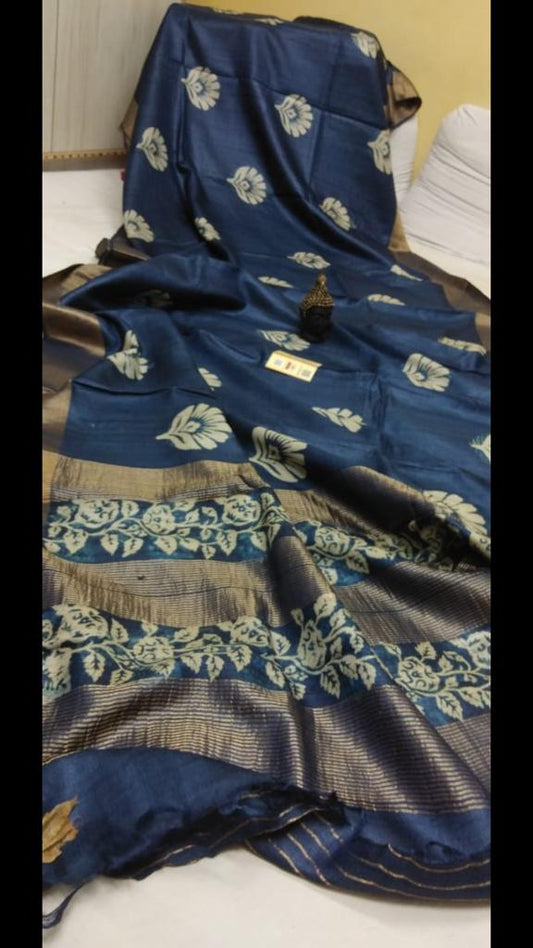 Blue Zari  Block Printed Zari Border Pure Silk Mark Certified Tussar Silk Sarees - Dailybuyys