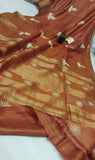 Brown Zari Block Printed  Zari Border Pure Silk Mark Certified Tussar Silk Sarees