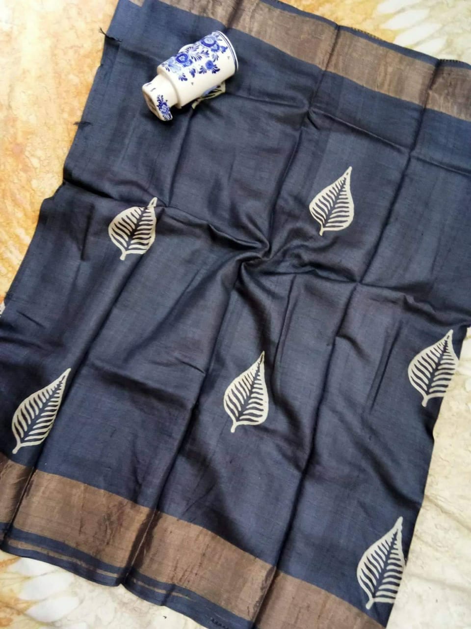 Blue Zari Block Printed  Zari Border Pure Silk Mark Certified Tussar Silk Sarees - Dailybuyys