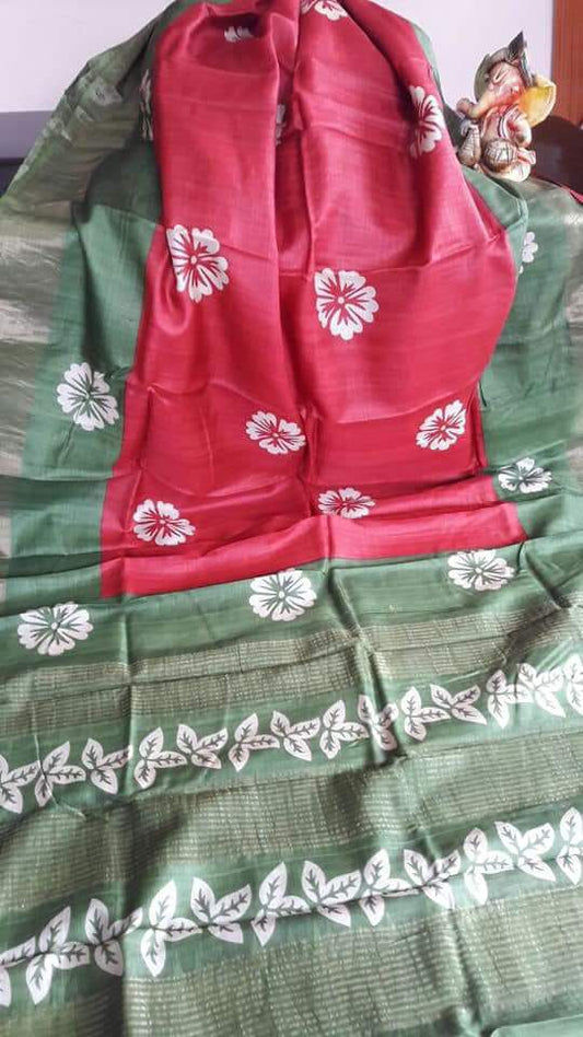 Grey Red Zari Block Printed Zari Border Pure Silk Mark Certified Tussar Silk Sarees - Dailybuyys