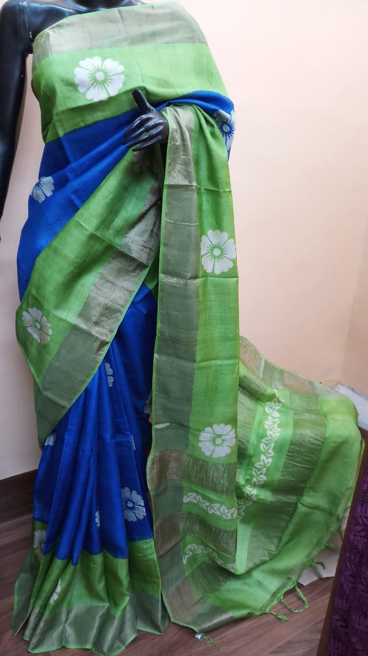 Blue Green Block Printed Zari Border Pure Silk Mark Certified Tussar Silk Sarees - Dailybuyys