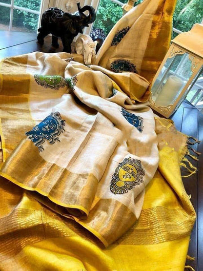 Mustard Yellow Beige Zari  Block Printed Zari Border Pure Silk Mark Certified Tussar Silk Sarees - Dailybuyys
