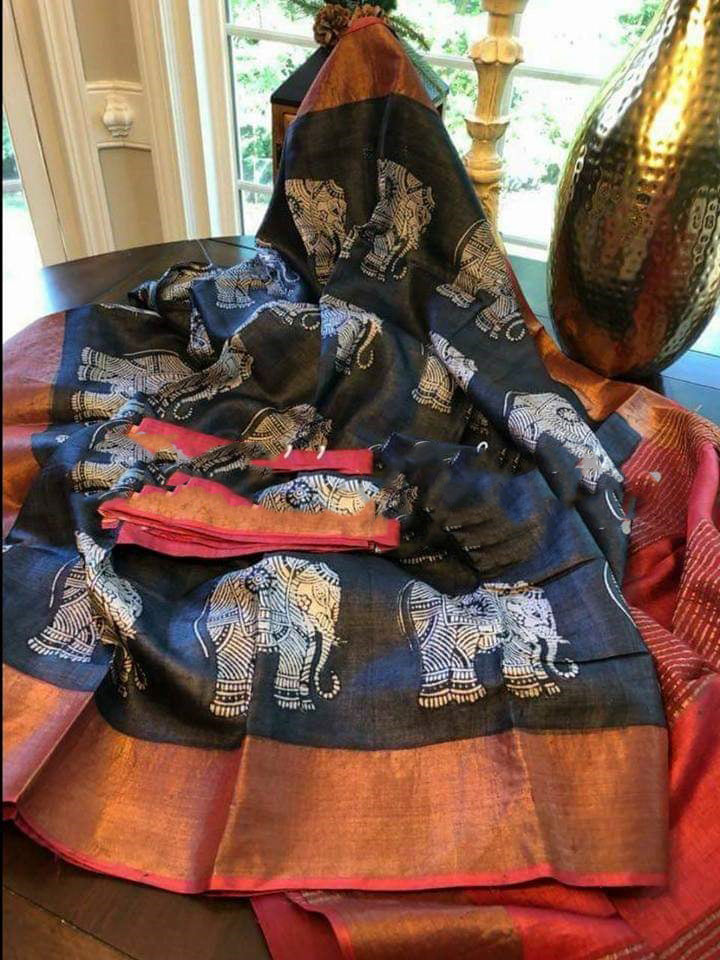 Black Red Block Printed Zari Border Pure Silk Mark Certified Tussar Silk Sarees - Dailybuyys