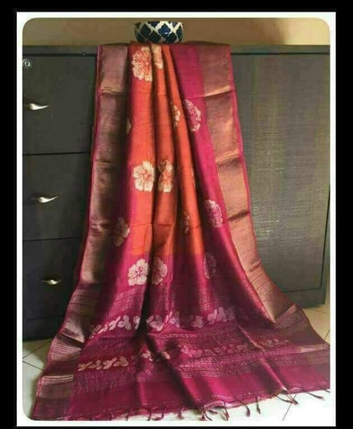 Red Block Printed Zari Border Pure Silk Mark Certified Tussar Silk Sarees Get Extra 10% Discount on All Prepaid Transaction