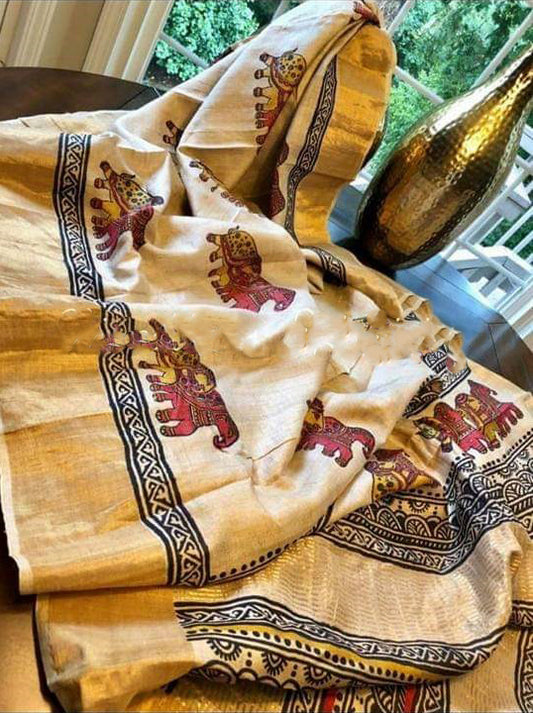 Yellow Beige Block Printed Zari Border Pure Silk Mark Certified Tussar Silk Sarees - Dailybuyys