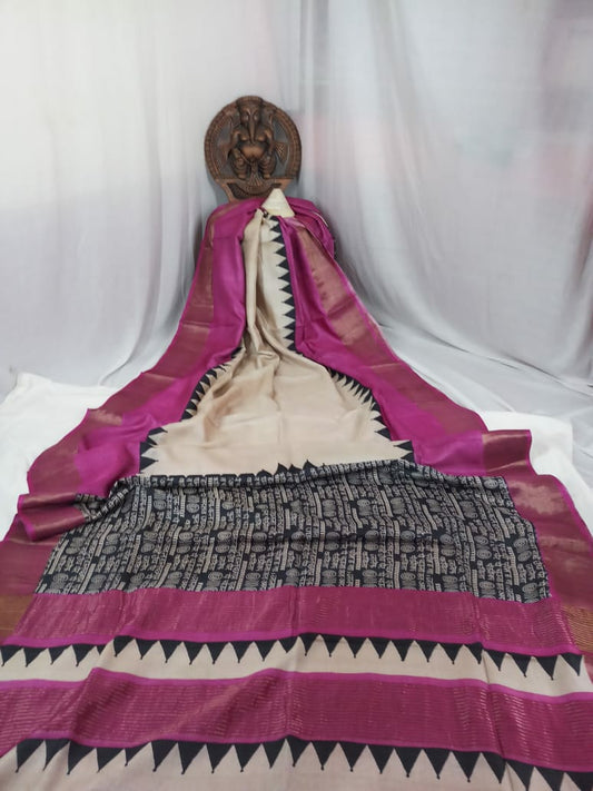 Purple Beige Zari Block Printed Zari Border Pure Silk Mark Certified Tussar Silk Sarees - Dailybuyys