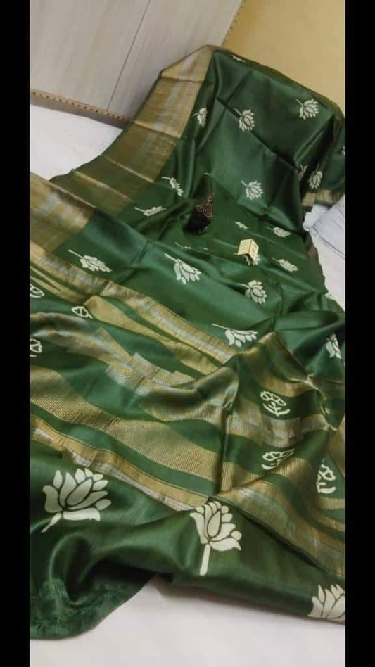 Green Zari Block Printed  Zari Border Pure Silk Mark Certified Tussar Silk Sarees - Dailybuyys
