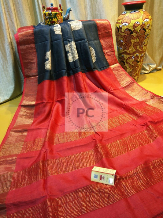 Red Zari  Block Printed Zari Border Pure Silk Mark Certified Tussar Silk Sarees - Dailybuyys
