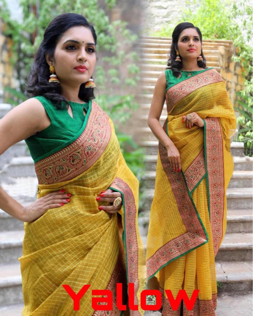 Yellow Pure Cotton Handloom Sarees - Dailybuyys