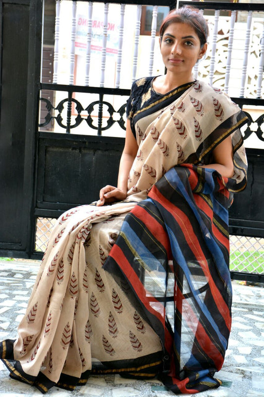 White Chanderi Silk Sarees - Dailybuyys