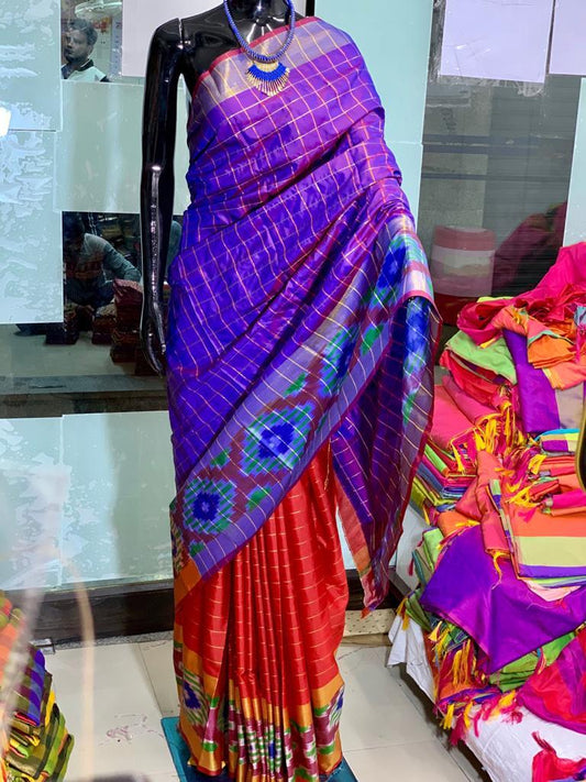 Blue Red Pure Silk Sarees - Dailybuyys