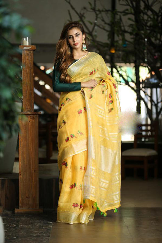Yellow Pure Linen Sarees - Dailybuyys