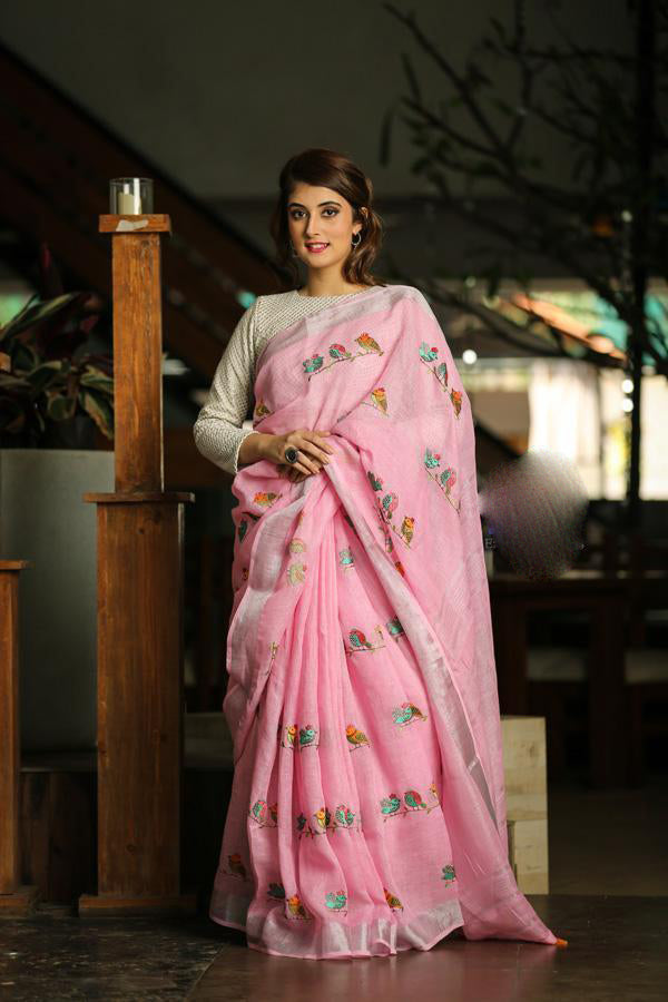 Pink Pure Linen Sarees - Dailybuyys