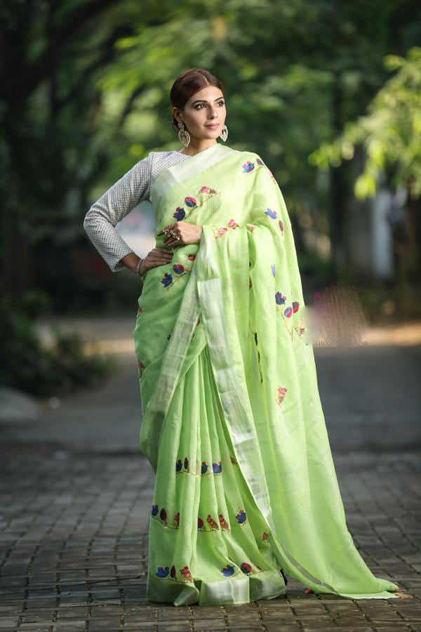 Green Pure Linen Sarees - Dailybuyys