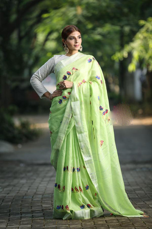 Green Pure Linen Sarees - Dailybuyys
