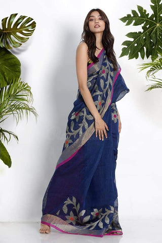 Blue Jamdani Pure Linen Sarees Get Extra 10% Discount on All Prepaid Transaction