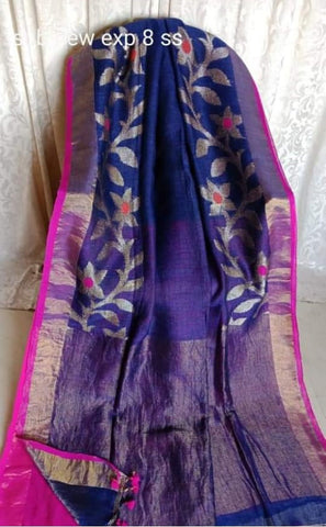Blue Purple Jamdani Pure Linen Sarees Get Extra 10% Discount on All Prepaid Transaction