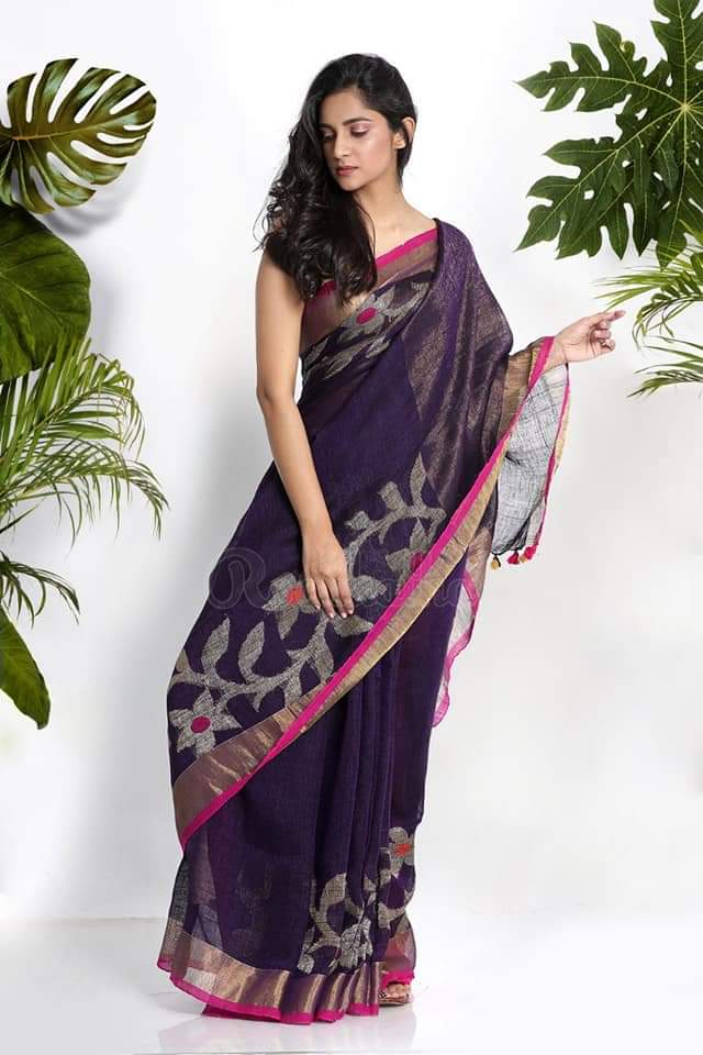 Purple Jamdani Pure Linen Sarees Get Extra 10% Discount on All Prepaid Transaction