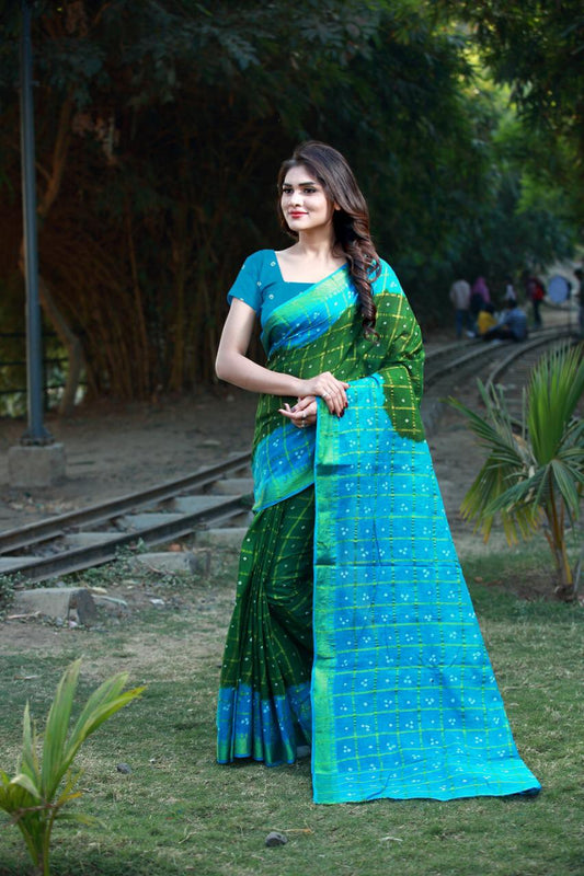 Green Blue Pure Cotton Silk Sarees - Dailybuyys