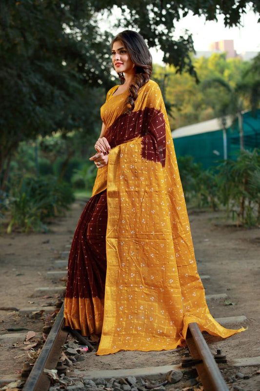 Brown Yellow Pure Cotton Silk Sarees - Dailybuyys