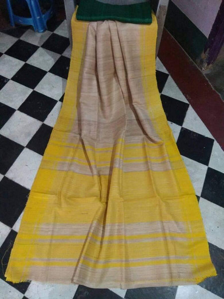 Beige Yellow Pure Silk Mark Certified Tussar Ghicha Silk Sarees