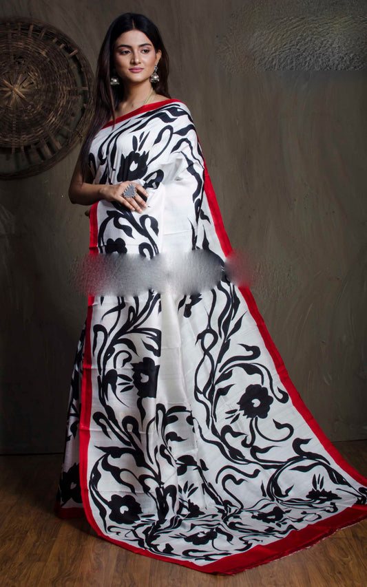 White Pure Silk Mark Certified Murshidabad Silk Sarees - Dailybuyys