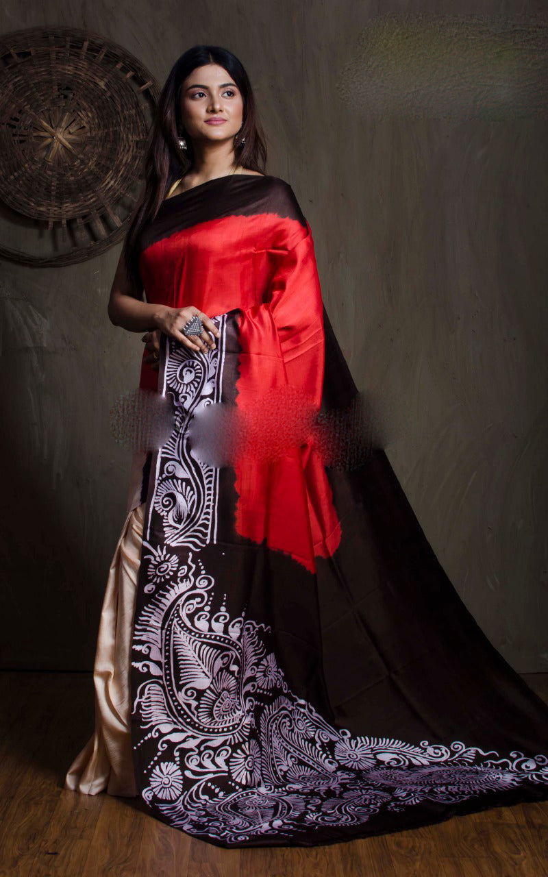 Red Black Pure Silk Mark Certified Murshidabad Silk Sarees - Dailybuyys