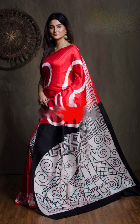 Red Black Pure Silk Mark Certified Murshidabad Silk Sarees - Dailybuyys