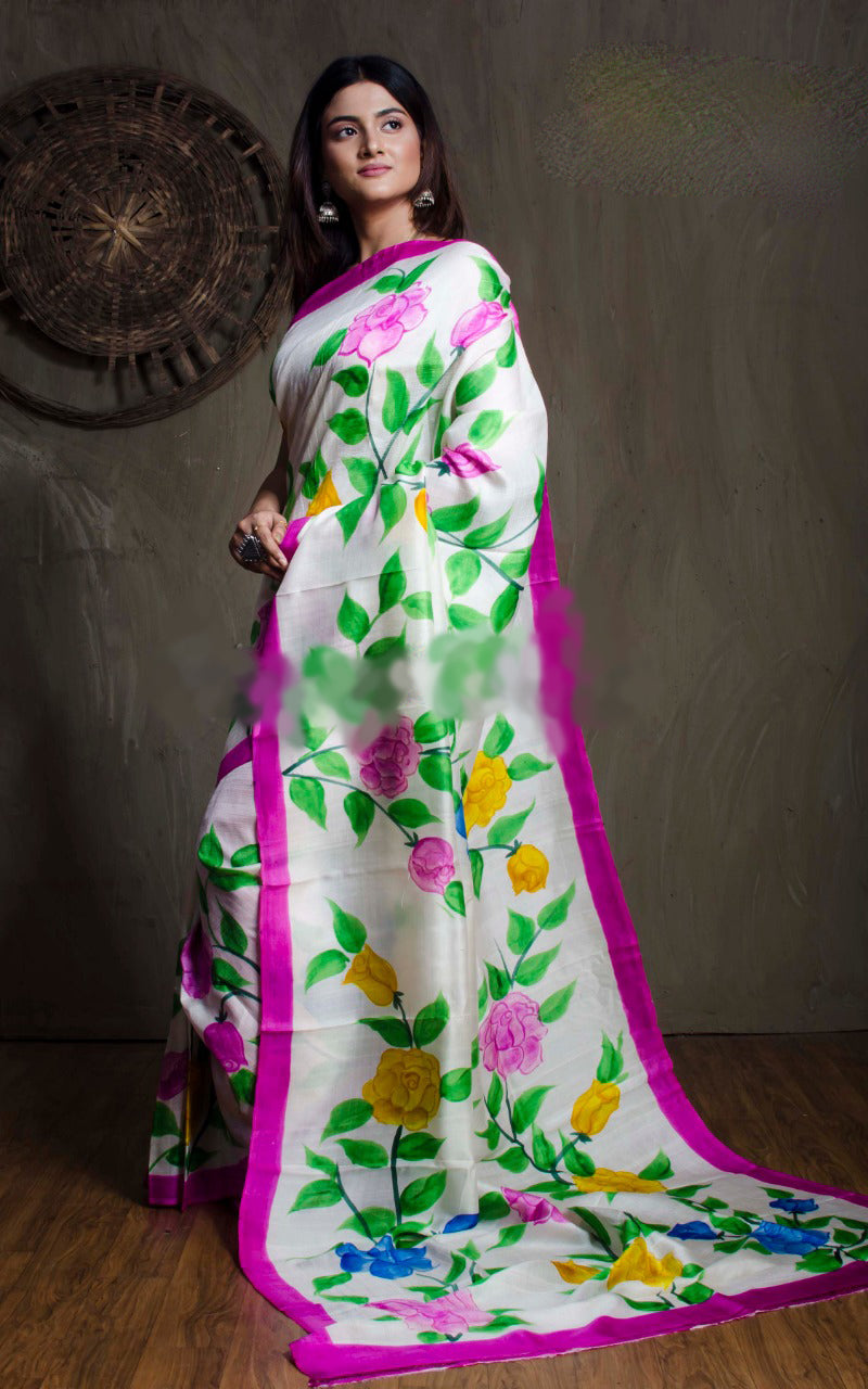 White Pure Silk Mark Certified Murshidabad Silk Sarees - Dailybuyys