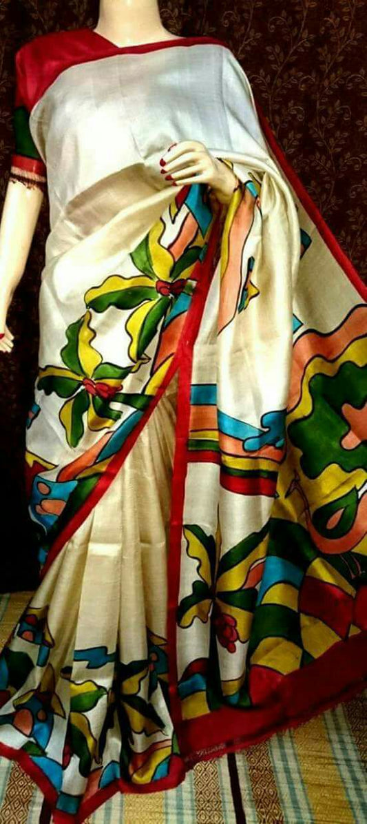 Beige Pure Silk Mark Certified Murshidabad Silk Sarees - Dailybuyys