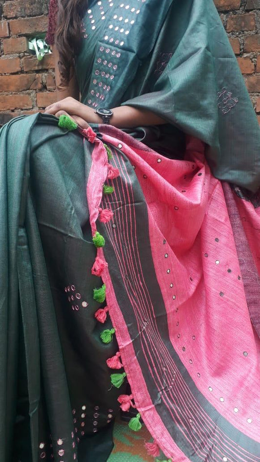 Green Violet Pure Silk Mark Certified Tussar Ghicha Silk Sarees - Dailybuyys