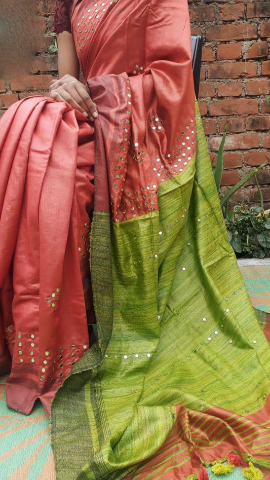 Red Green Pure Silk Mark Certified Tussar Ghicha Silk Sarees - Dailybuyys