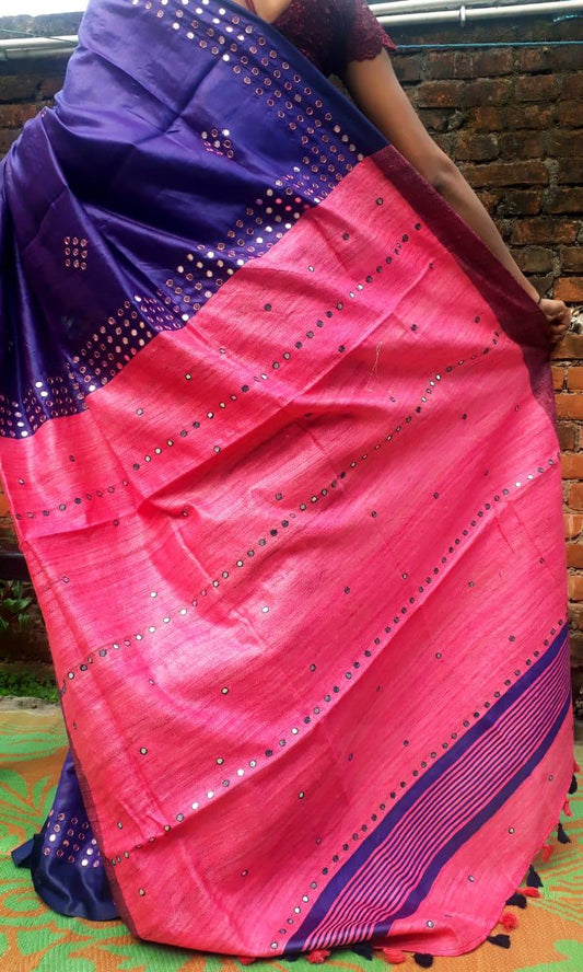 Blue Pink Pure Silk Mark Certified Tussar Ghicha Silk Sarees - Dailybuyys