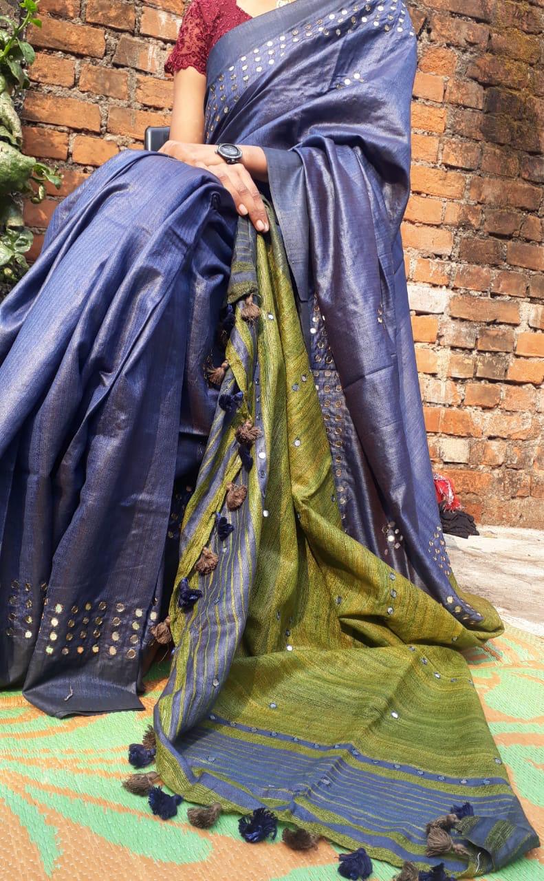 Blue Green Pure Silk Mark Certified Tussar Ghicha Silk Sarees - Dailybuyys