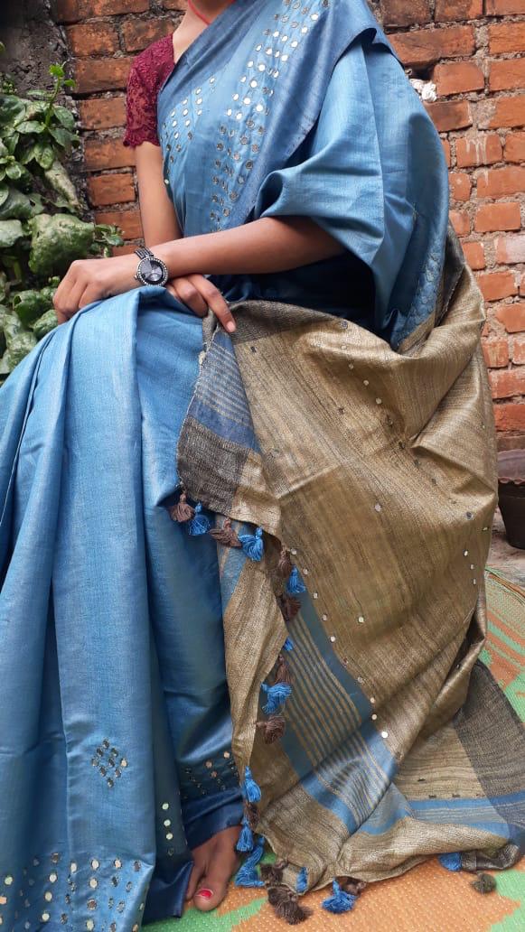 Blue Beige Pure Silk Mark Certified Tussar Ghicha Silk Sarees - Dailybuyys