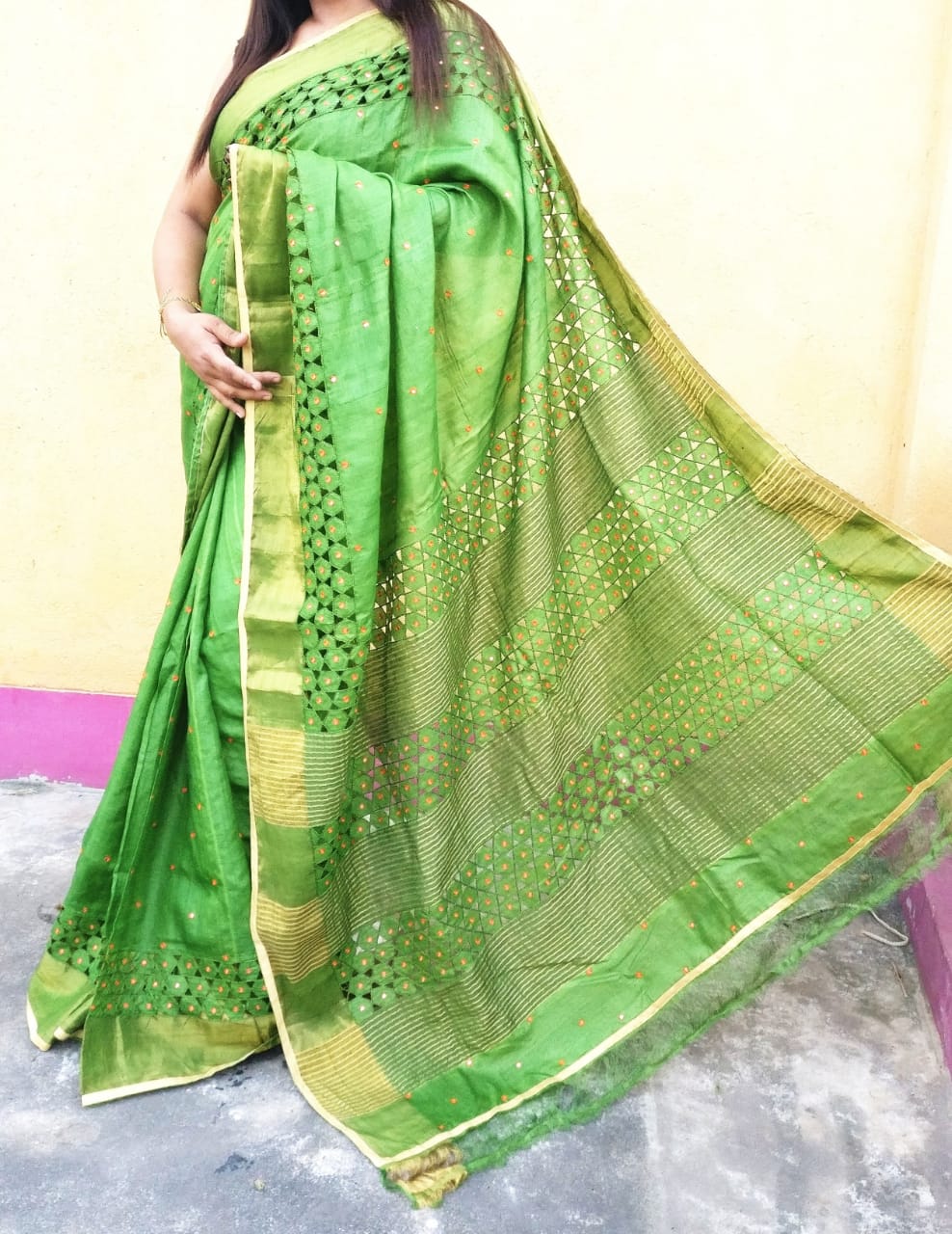 Green Cut Work  Block Printed Zari Border Pure Silk Mark Certified Tussar Silk Sarees - Dailybuyys