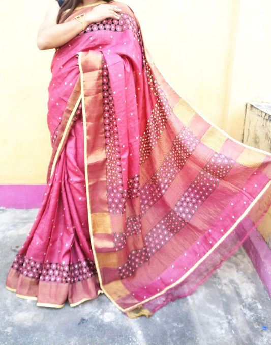 Pink Cut Work Zari Border Pure Silk Mark Certified Tussar Silk Sarees - Dailybuyys