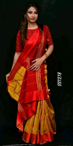 Red Yellow Pure Cotton Silk Sarees Get Extra 10% Discount on All Prepaid Transaction