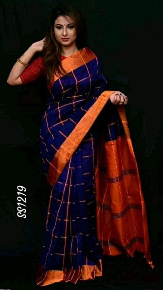 Blue Orange Pure Cotton Silk Sarees - Dailybuyys