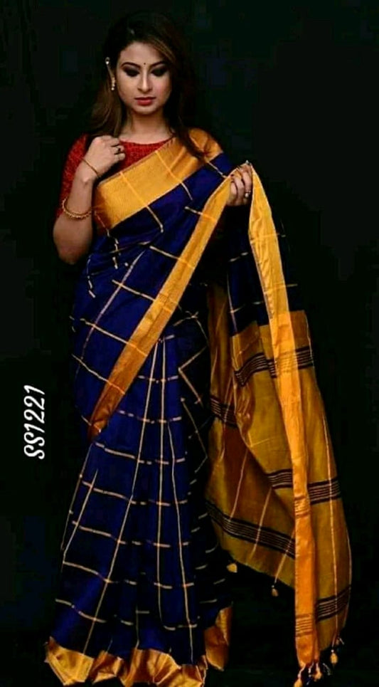 Blue Yellow Pure Cotton Silk Sarees - Dailybuyys