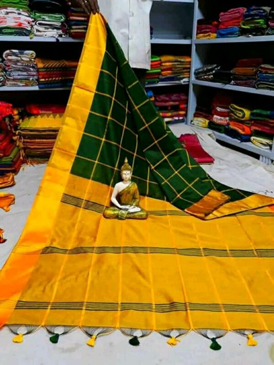 Green Yellow Pure Cotton Silk Sarees - Dailybuyys