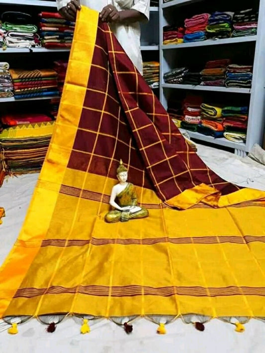 Brown Yellow Pure Cotton Silk Sarees - Dailybuyys