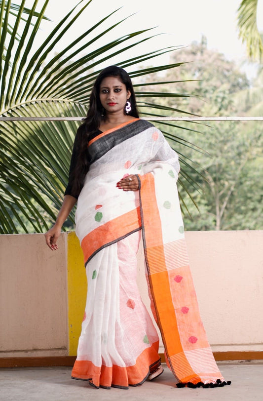 White Polka Dot Pure Linen Sarees - Dailybuyys