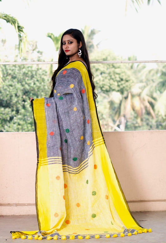 Grey Yellow Ball Pure Linen Sarees - Dailybuyys