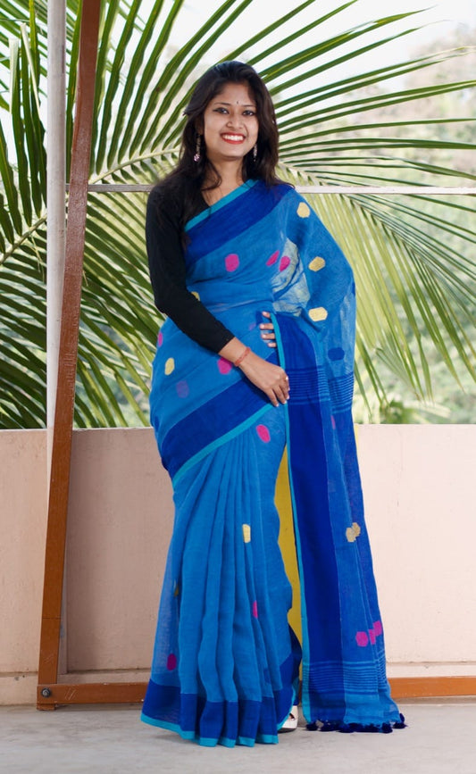 Blue Ball Pure Linen Sarees - Dailybuyys