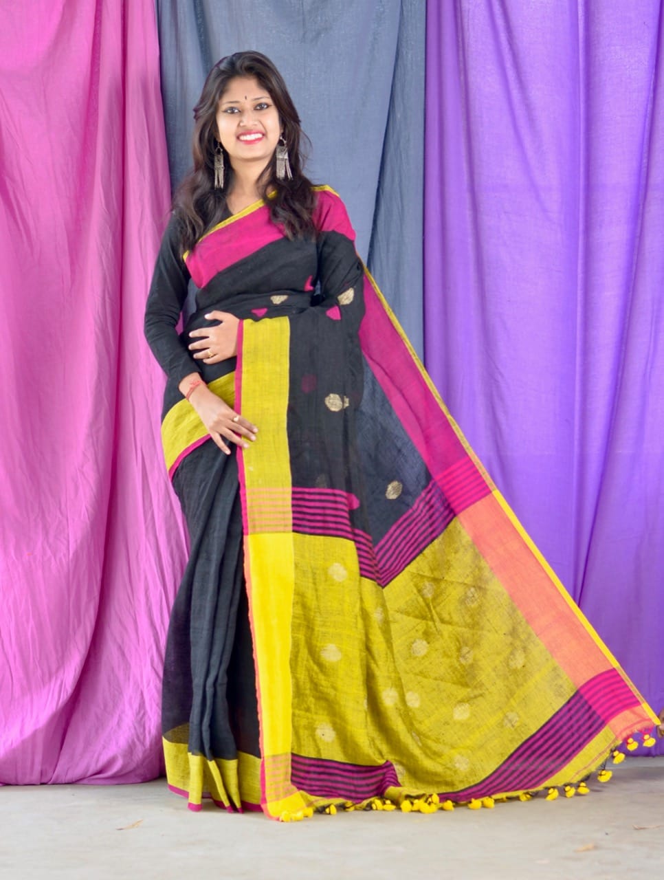 Black Yellow Ball Pure Linen Sarees - Dailybuyys