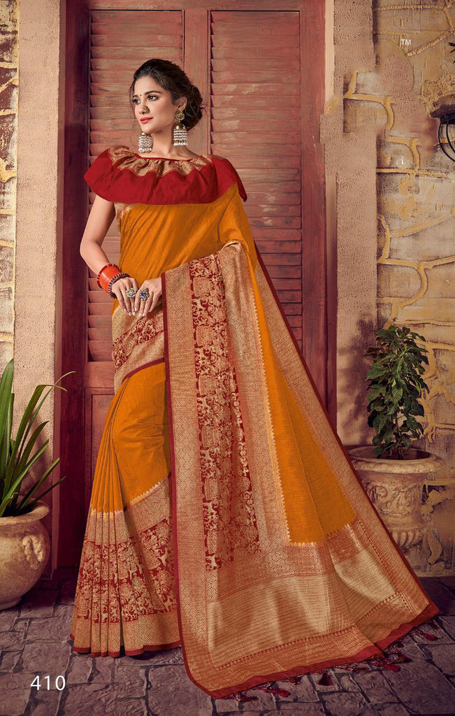 Yellow Red Designer Party Wear Sarees