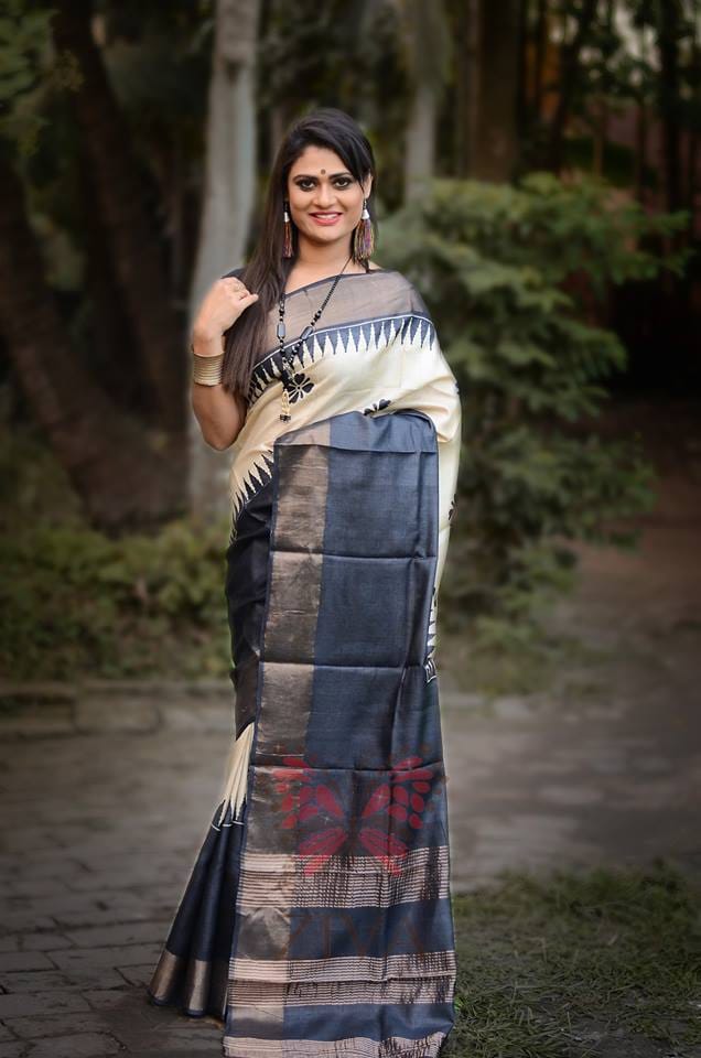 Grey White Zari Block Printed Zari Border Pure Silk Mark Certified Tussar Silk Sarees - Dailybuyys